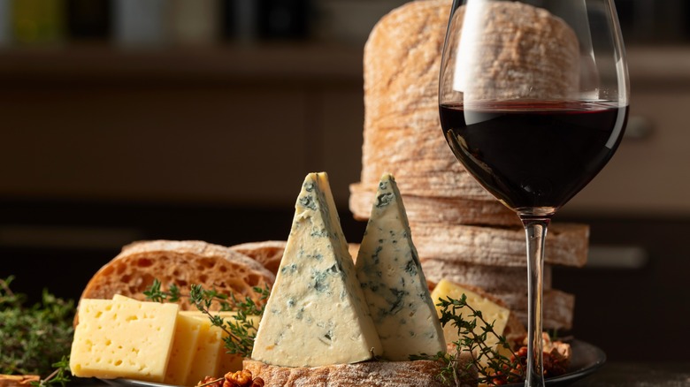 Wine, cheese, and bread plate