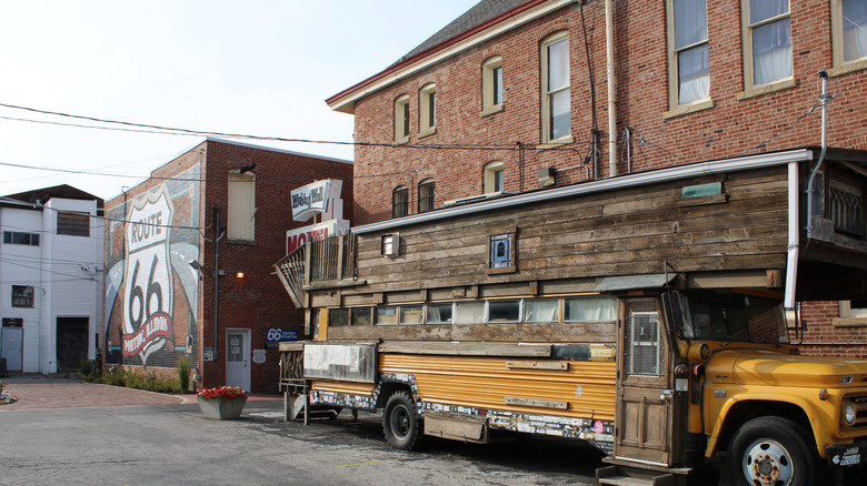 Famous tour bus outside of Route 66 museum, Pontiac