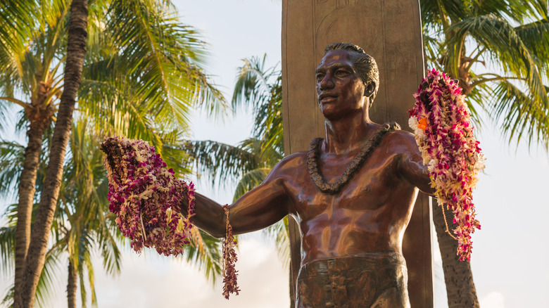 Lei hanging on a statue in Honolulu