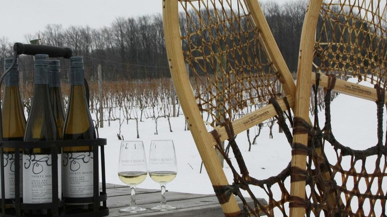 Wine and snowshoes by a frozen vineyard near Niagara Falls, Canada