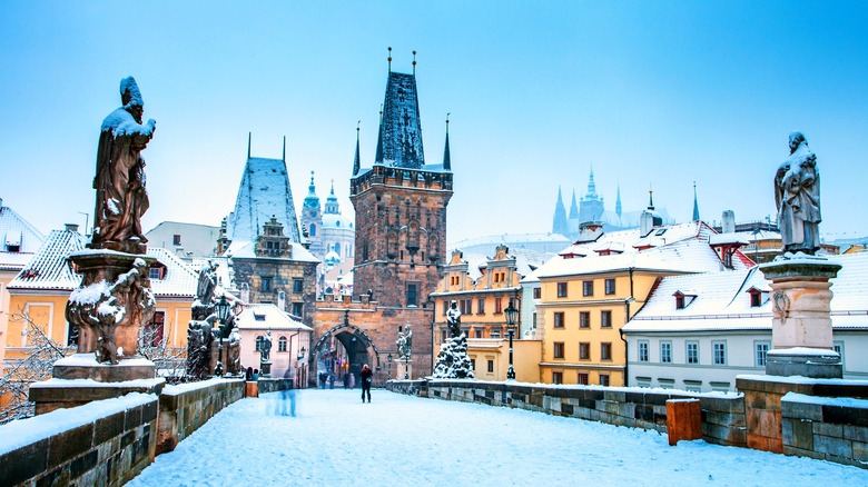 Charles Bridge overlooking spires in Prague