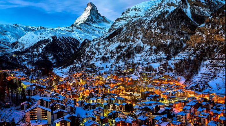 Zermatt and Matterhorn mountain lit up during winter