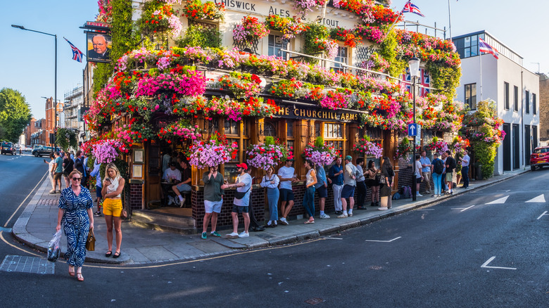 The Churchill Arms decorated with flowers