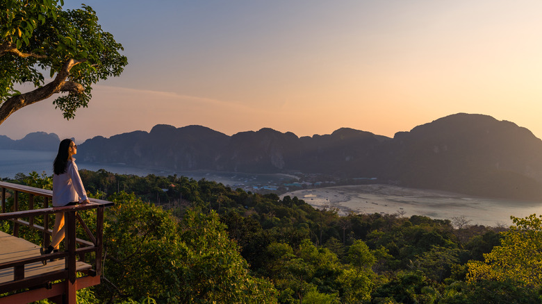 Person admiring Thailand's mountains, bays, and foliage