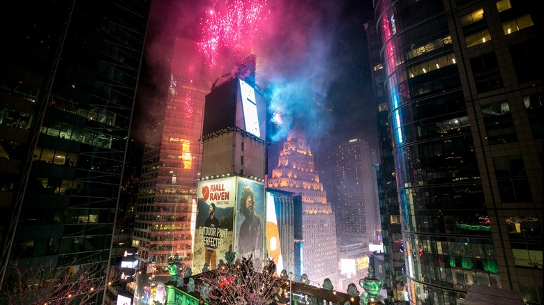 View of fireworks in Times Square from the rooftop bar at The Knickerbocker Hotel