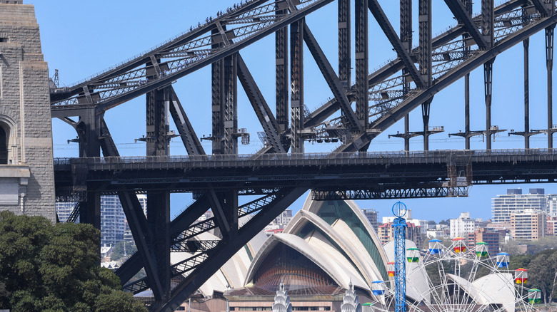 Climbers on Harbour Bridge overlooking Sydney Opera House in Australia