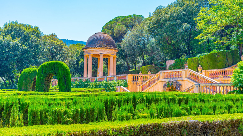 Hedge maze and structures in Parc del Laberint d'Horta in Barcelona