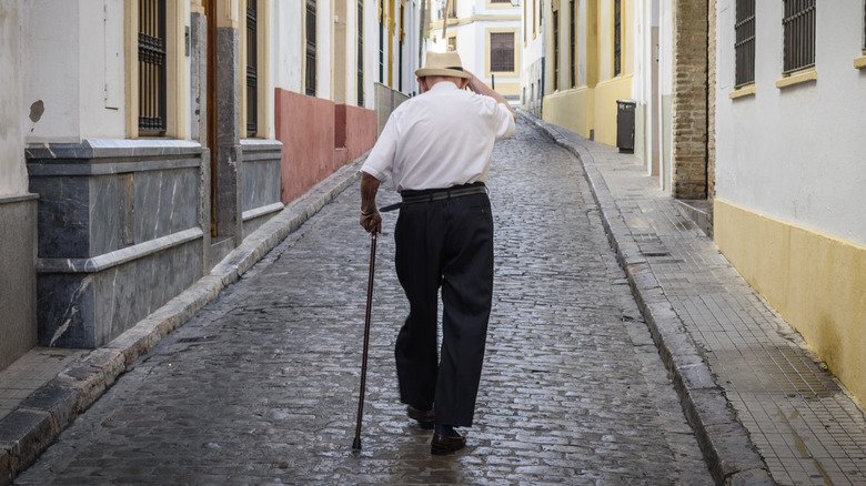 A person with a cane walks a cobblestone street