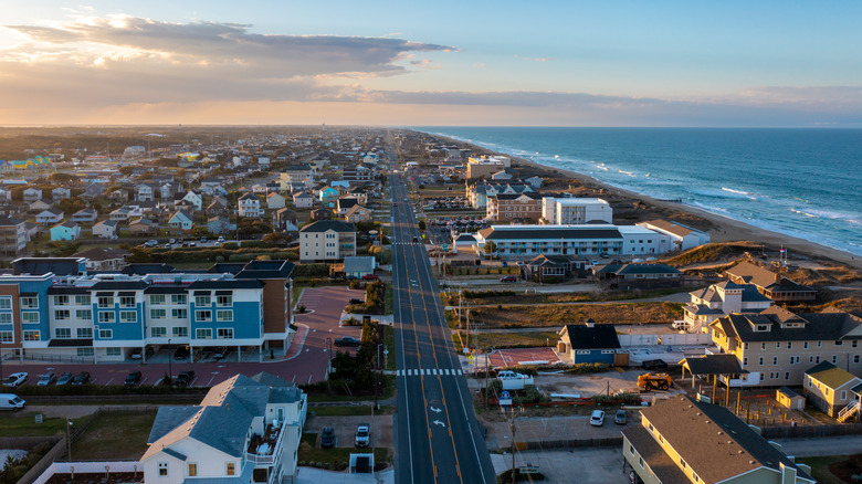 aerial view of Kill Devil Hills town next to beach and ocean