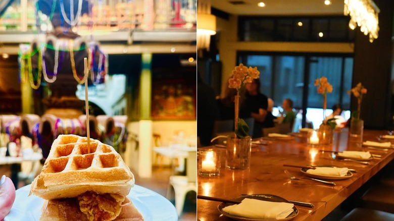 Chicken and waffles in Nola in Palo Alto & The dining room at Tamarine Restaurant