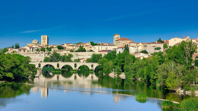 View of Zamora, Spain, along the Douro river with stone architecture