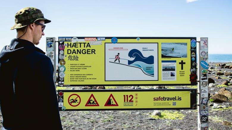 warning signs on reynisfjara beach