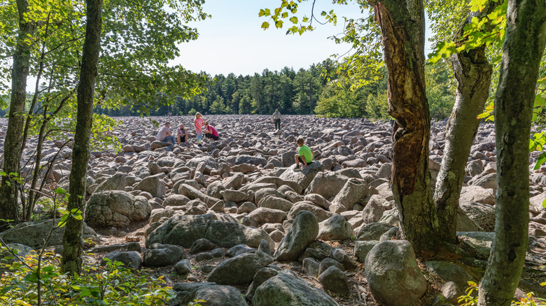 A family enjoying the Hickory Run State Park boulder field in Pennsylvania's Pocono Mountains