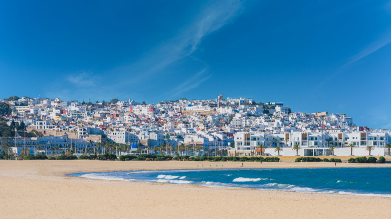 Tangier beach with the white Medina in the background