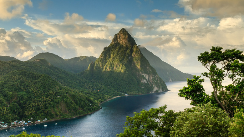 Panoramic view of the coastline of St. Lucia marked by Pitons