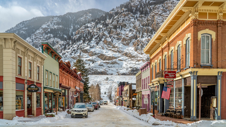 View of Georgetown, Colorado, street in winter with Rocky Mountains