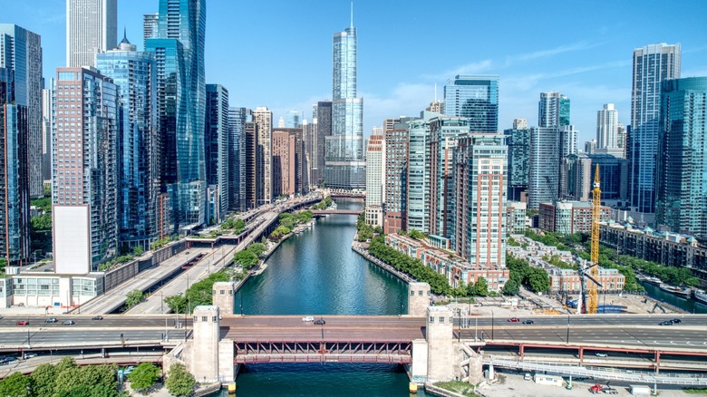 Aerial view of Chicago's skyscrapers and the Chicago River during the day