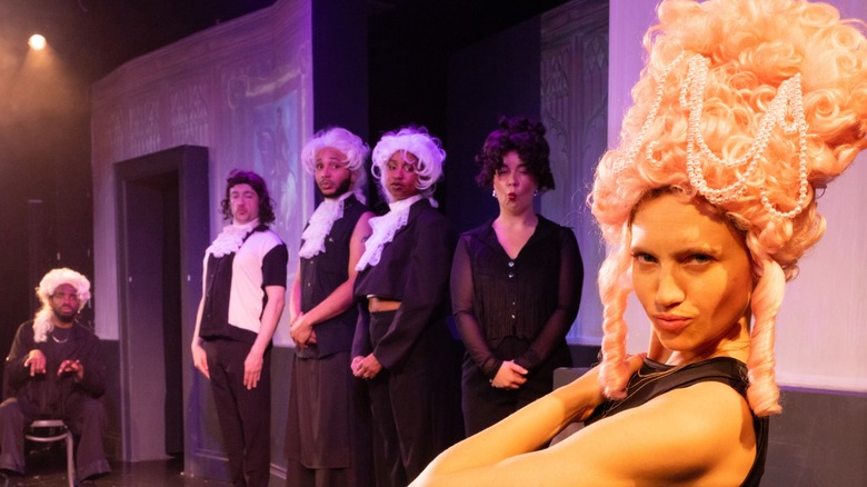 (L-R) Jordan Stafford, Andy Bolduc, Adonis Holmes, Adisa Williams, Hannah Ingle, and Laurel Krabacher performing in "The Devil is in the Detours" at The Second City's Chicago Mainstage in Chicago, Illinois