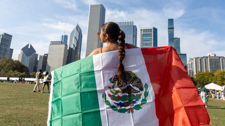 Woman displays Mexican flag in a Chicago park