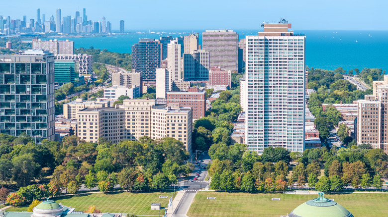 Aerial view of Hyde Park Chicago with Lake Michigan