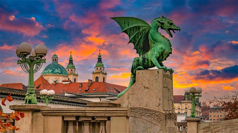 dragon statue and buildings in Ljubljana