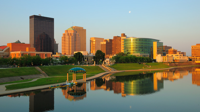 Dayton's skyline during the day with water in the foreground