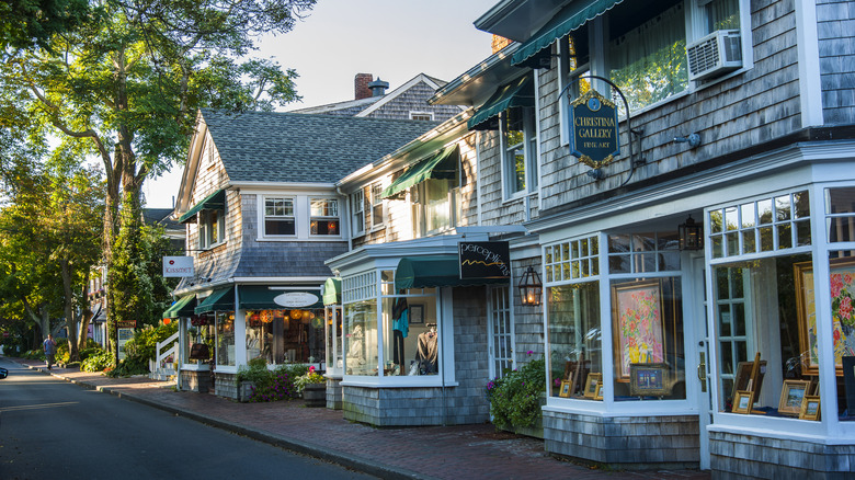 View of Edgartown street with shingled galleries and shops