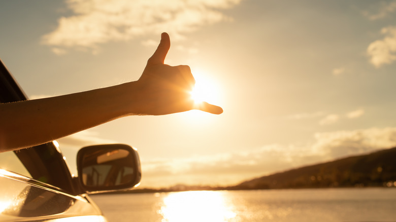 Passenger doing shaka hand sign out car window