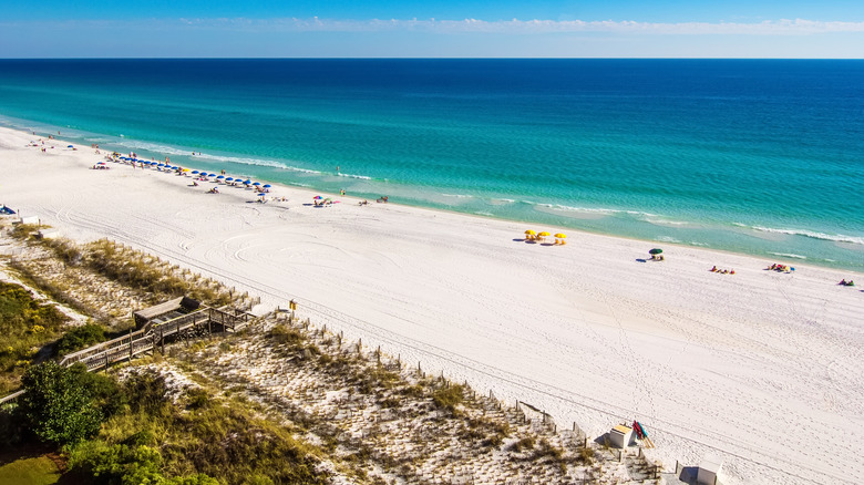 Aerial view of Destin beach with white and turquoise waters in Florida