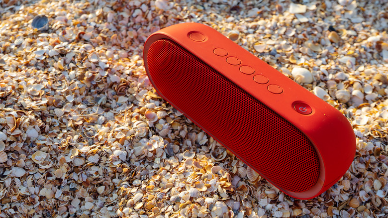 Portable speaker sitting on seashells