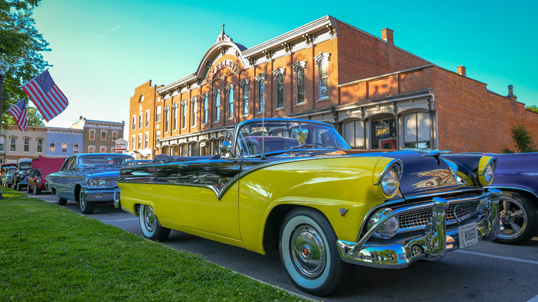 A vintage car parked outside Kelley Block in Milan, Ohio