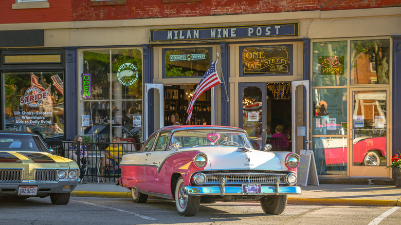 The exterior of Milan Wine Post with a vintage car parked out front