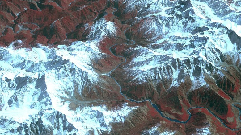 Aerial composite image of the Yarlung Tsangpo River winding through Tibet