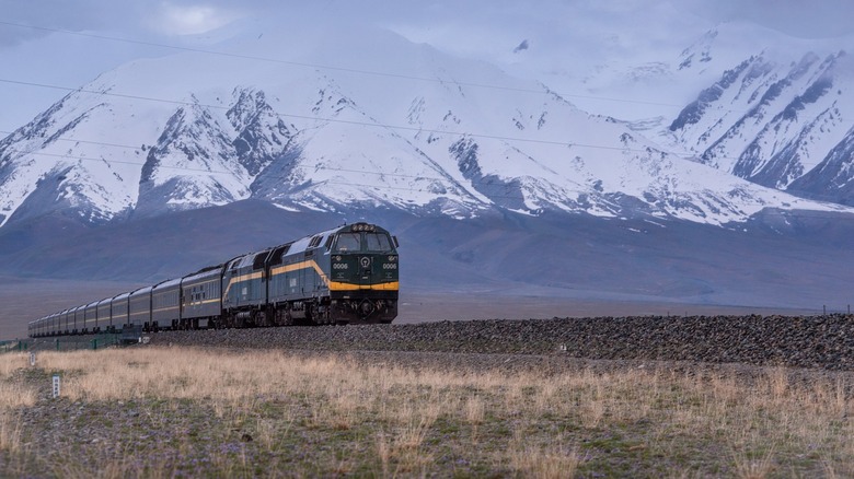 The Qinghai Tibet Railway, the highest train line in the world, making its way across the Tibetan Plateau