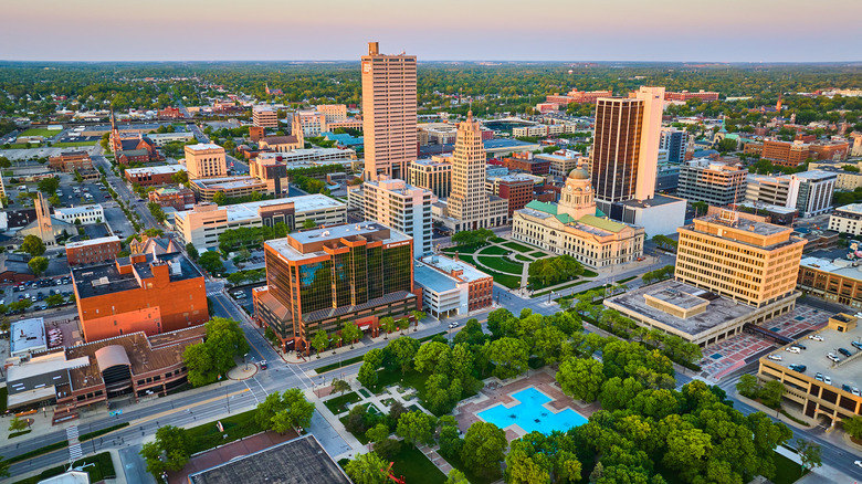 Aerial view of downtown Fort Wayne in the summer