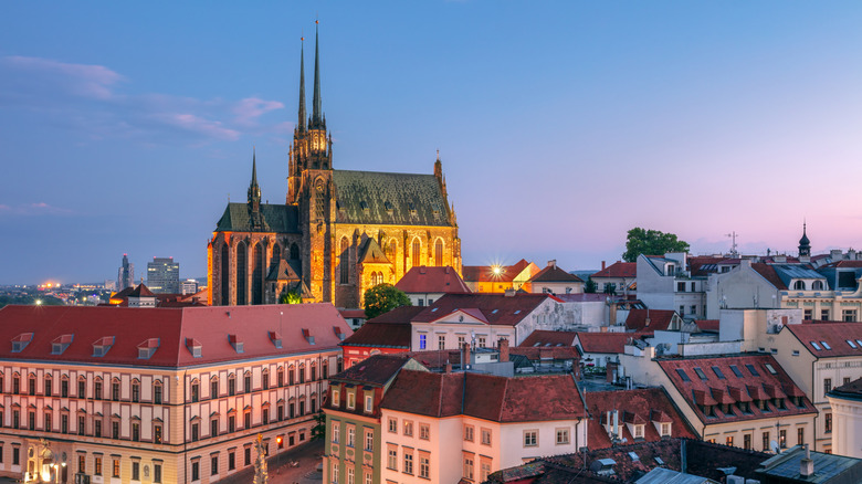 Brno, second largest city in Czech Republic, with the Cathedral of St. Peter and Paul at summer sunset