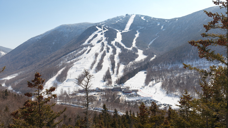 Distant shot of Cannon Mountain ski hill in New Hampshire