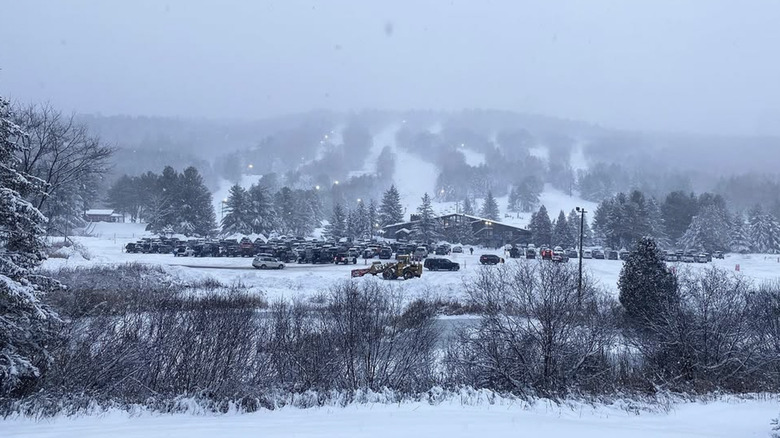 A distant shot of Mohawk Mountain, Connecticut covered in snow