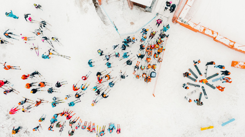 An aerial view of skiiers