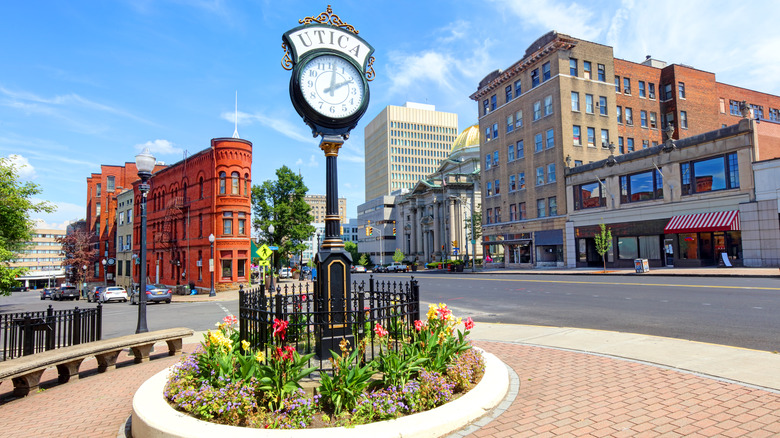 Downtown Utica buildings and clock