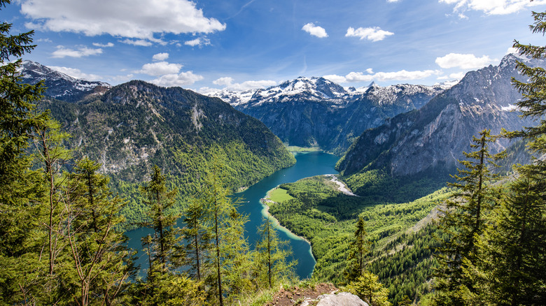 Lake Koenigsee in Berchtesgaden National Park from above in daylight