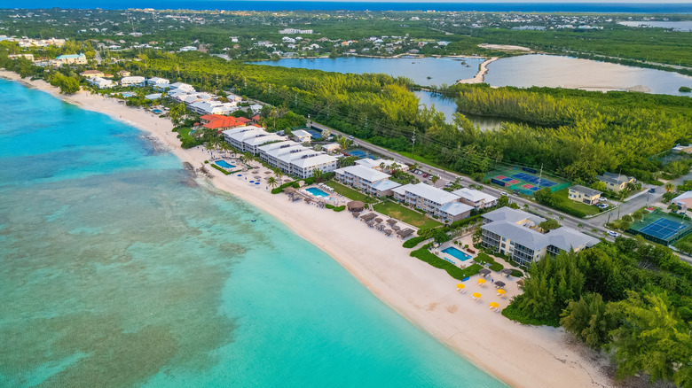 Aerial view of Seven Mile Beach dotted with hotels