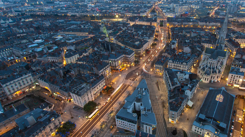 Aerial view of Nantes at night