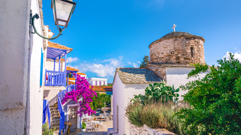 colorful homes and foliage in Alonissos, Greece