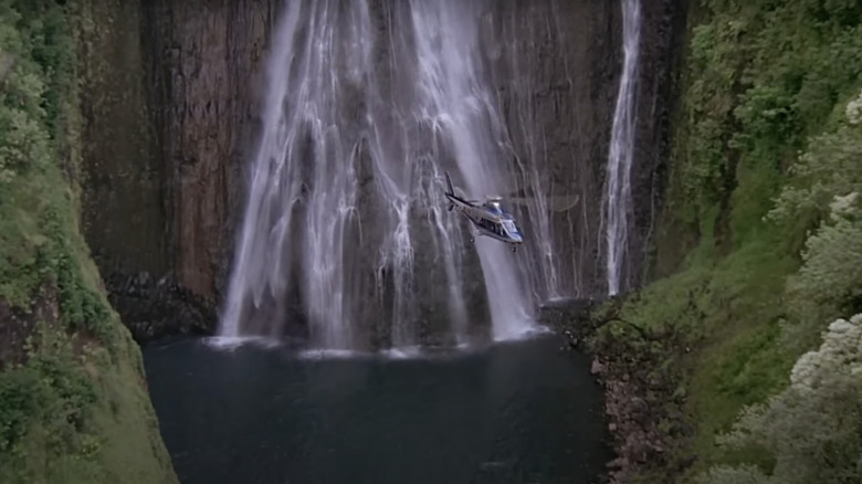Scene from Jurassic Park as the helicopter lands at Manawaiopuna Falls
