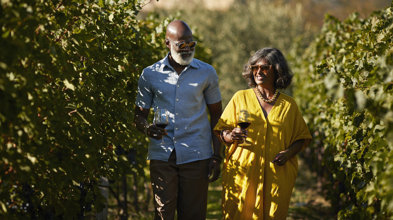 African American couple walking in a vineyard with wine