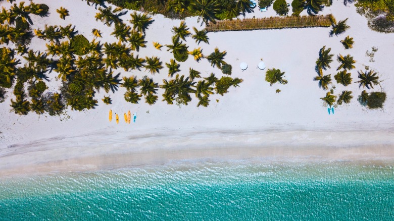 An aerial view of the ocean and beach at Kamalame Cay on Andros Island in the Bahamas