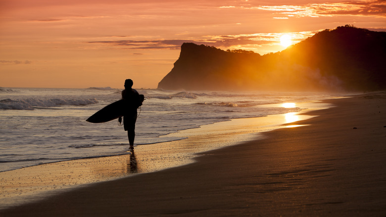 Surfer walking along Maderas beach in the sunset