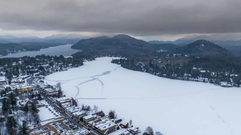 Town of Lake Placid in the winter with snow