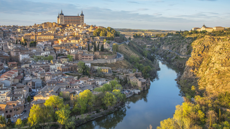 Landscape view of Toledo Spain showing the castle and the river Tagus